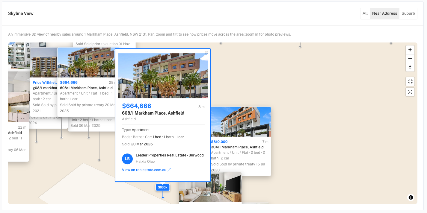 Skyline View map with floating property cards